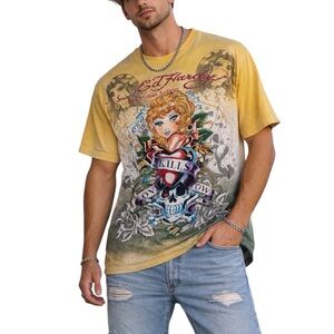 Ed Hardy - VINTAGE Y2K- RHINESTONE TATTOO Graphic Tee- Mens SZ Large 💀🌹✨